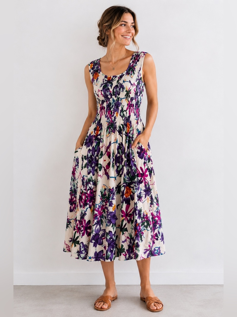 Vintage 80s Floral Smocked Midi Dress Pockets Cotton Cottagecore S